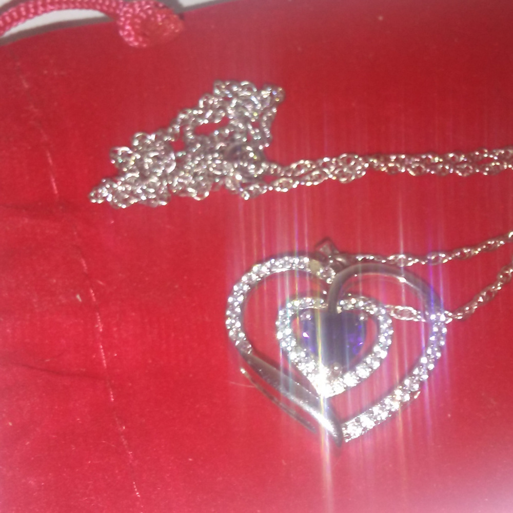 Heart necklace purple stone clear crystal stamped - Picture 2 of 2